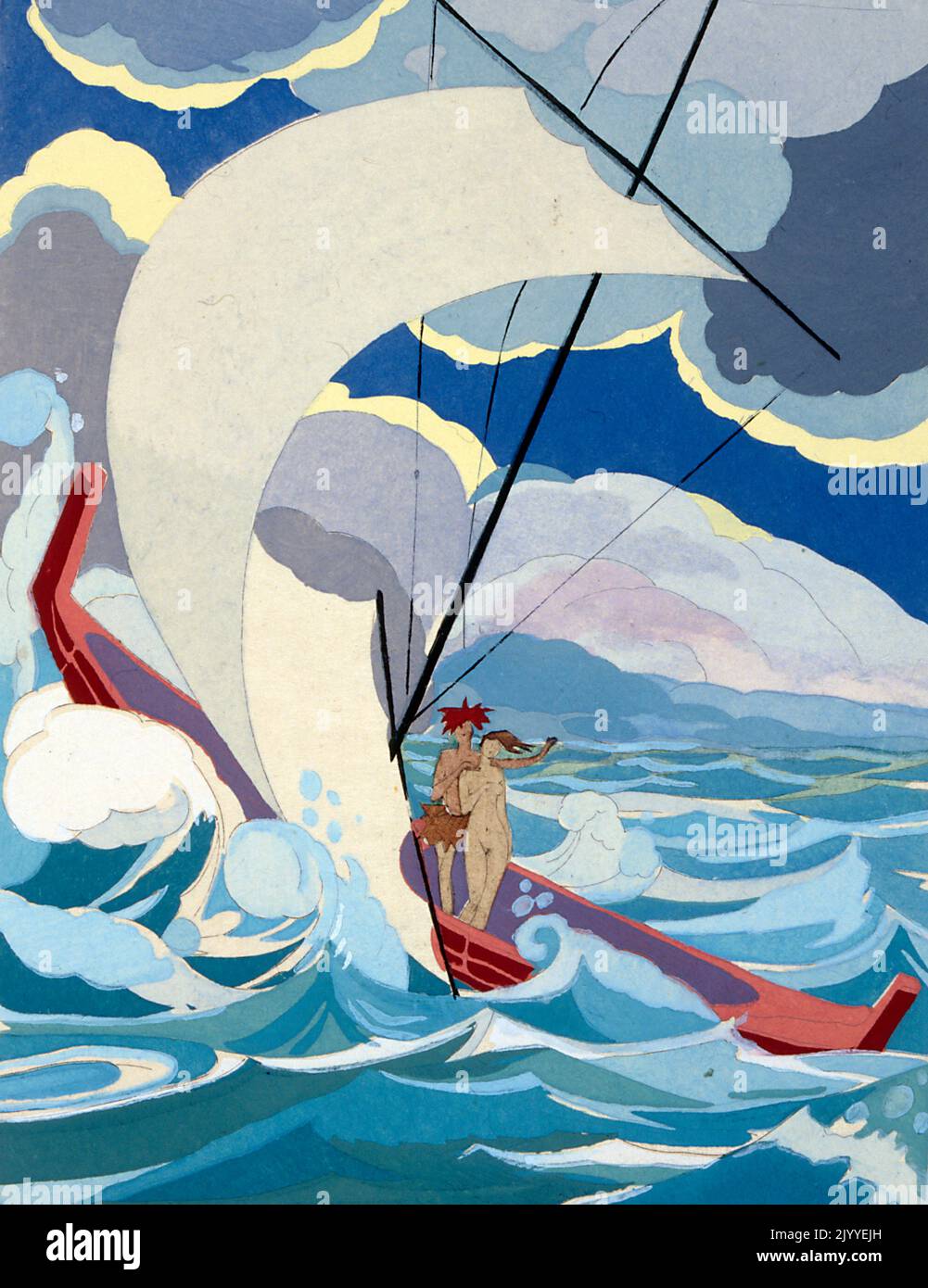 Peinture colorée représentant un jeune couple sur un bateau naviguant dans l'océan. Banque D'Images