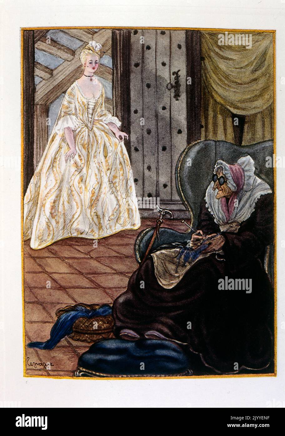 Illustration représentant un ancien hag assis dans son fauteuil tricoter regardant une belle dame entrant dans sa chambre. Par Georges LePape (1887-1971), artiste-peintre français, illustrateur et designer de mode Banque D'Images