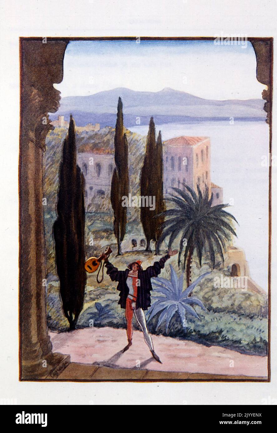 Illustration représentant une scène au bord de la mer avec un troubadour tenant sa lyre. Illustré par Georges Lepape (1887-1971), artiste français de l'affiche, illustrateur et designer de mode Banque D'Images