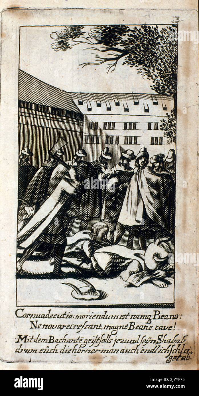 Gravure de style médiéval représentant une scène d'exécution publique. Banque D'Images