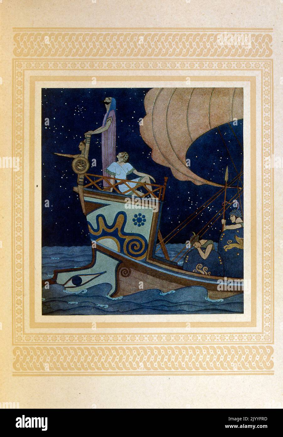 Illustration colorée d'Odysseus sur son navire de retour de Troie. Illustré par Edmund Dulac (1882-1953), un magazine naturalisé français britannique et illustrateur de livres. Banque D'Images