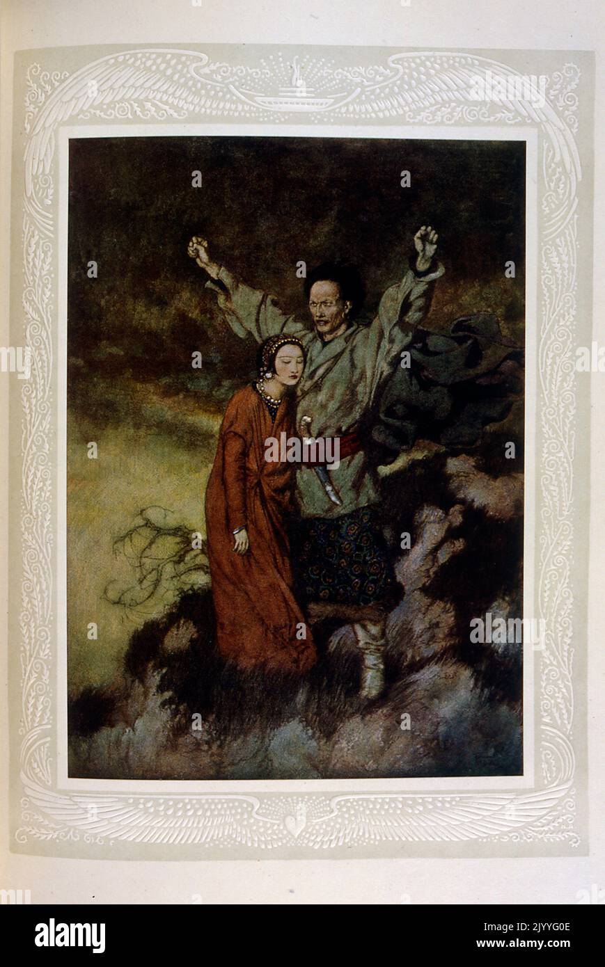 Illustration colorée d'un couple oriental contre un paysage montagneux accidenté. Illustré par Edmund Dulac (1882-1953), un magazine naturalisé français britannique et illustrateur de livres. Banque D'Images