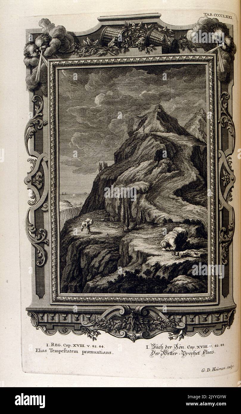 Gravure intitulée 'Elie prie au sommet de la colline'. L'illustration est définie dans un cadre orné. Banque D'Images
