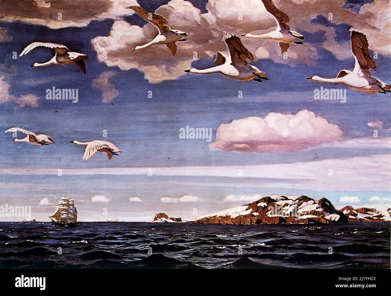 Peinture représentant des mouettes volant au-dessus de la mer avec un voilier au loin. Banque D'Images