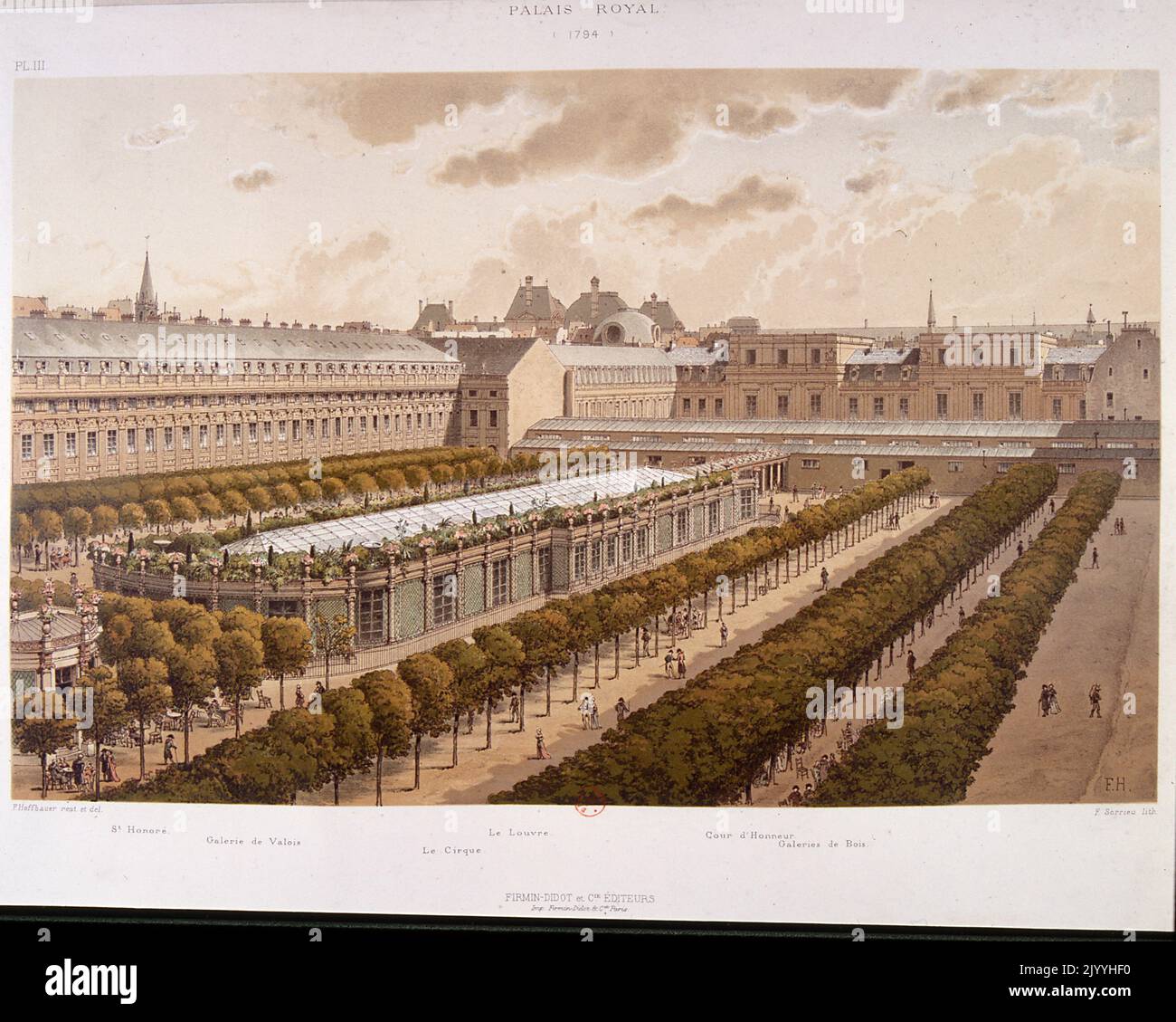 Imprimé en couleur représentant le Palais-Royal de 1794. Banque D'Images