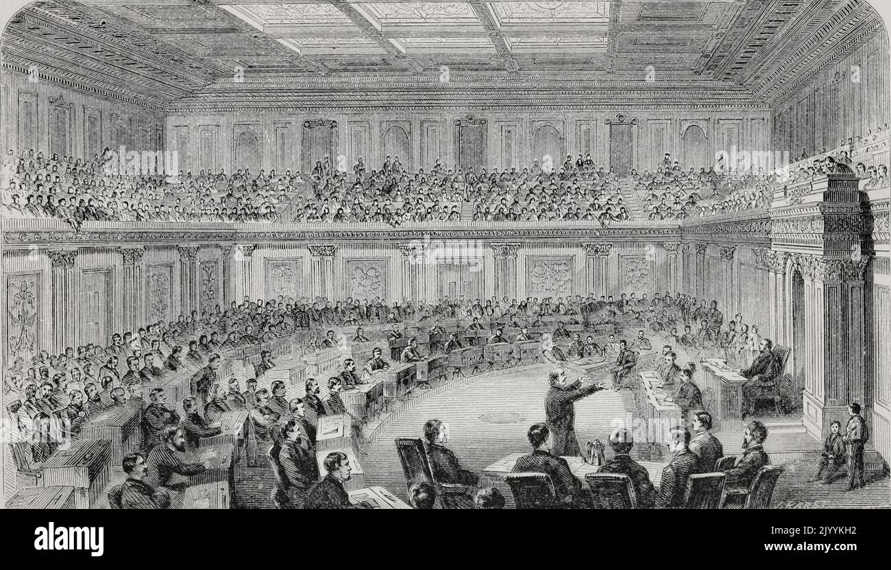 Une illustration du Sénat américain convoqué comme tribunal dans le cadre de la destitution du président américain Andrew Johnson entre mars et mai 1868. Banque D'Images