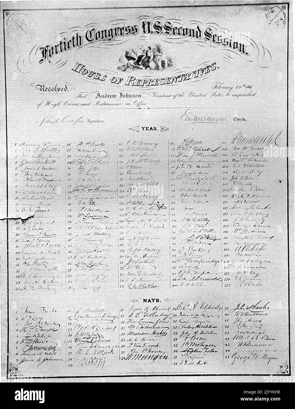 La destitution du président Andrew Johnson, avec la liste des membres de la Chambre des représentants qui votent pour et contre. Banque D'Images