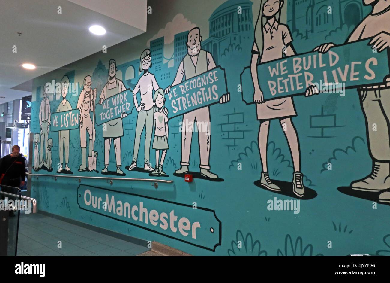 Notre Manchester, nous écoutons, nous travaillons ensemble, nous reconnaissons nos forces, fresque à Arndale Center Market, Manchester, Angleterre, Royaume-Uni, M4 3AB Banque D'Images
