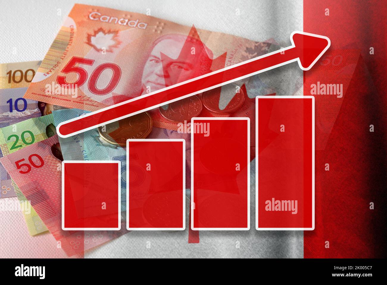 Graphique économique : flèche montante, billets et pièces en dollars canadiens et drapeau du Canada (monnaie, économie, affaires, finances, crise) Banque D'Images