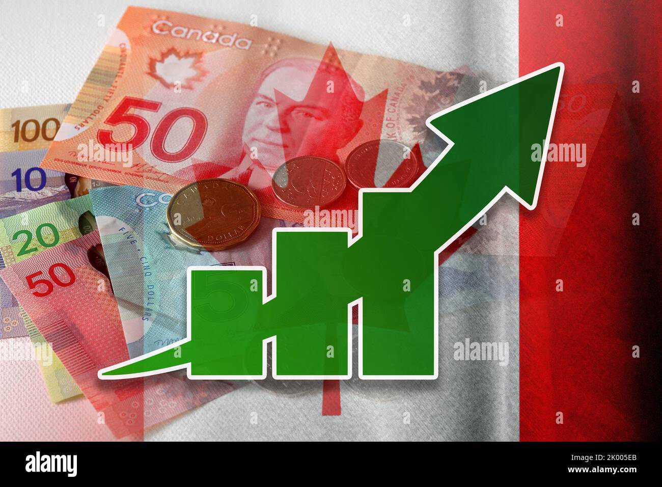 Graphique de l'économie : flèche vers le haut, billets et pièces en dollars canadiens et drapeau du Canada. Argent, économie, Affaires, Finance, crise, gagner de l'argent, succes. Banque D'Images