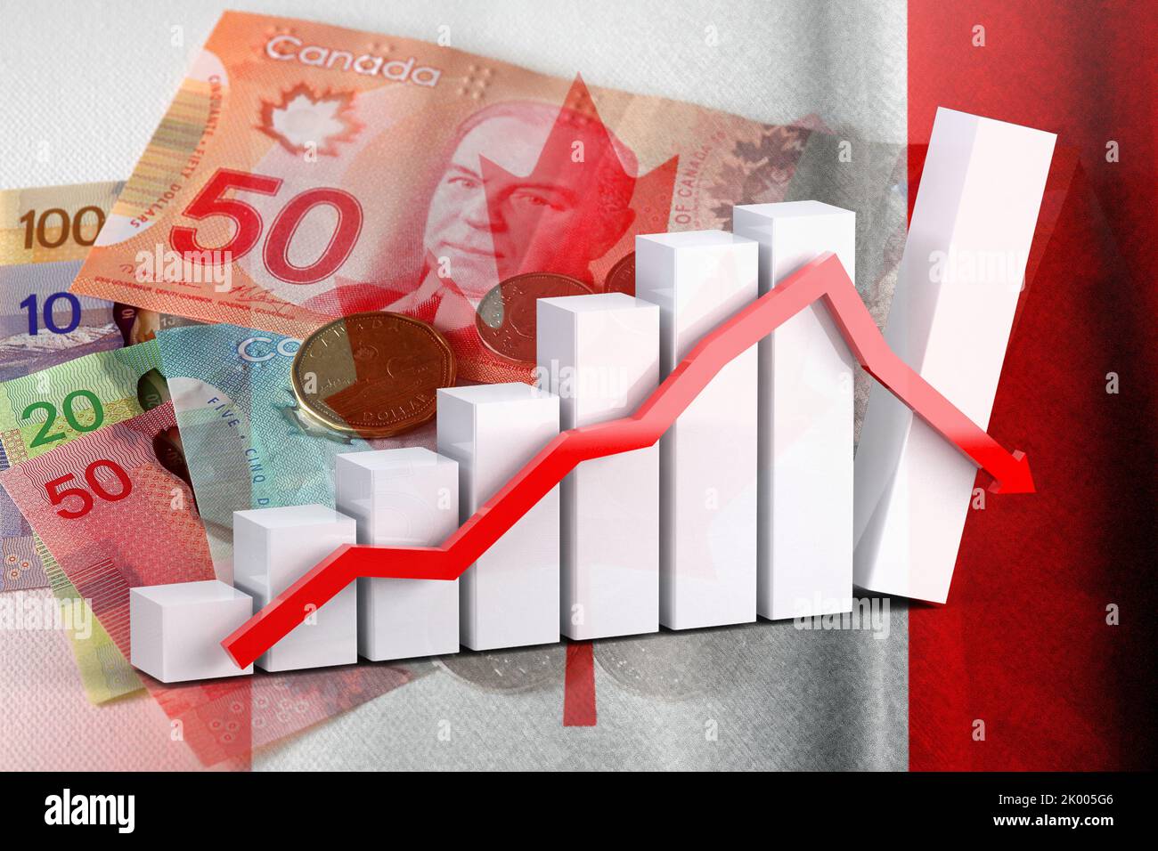 Graphique économique : flèche vers le bas, billets et pièces de monnaie en dollars canadiens et drapeau du Canada (monnaie, économie, affaires, finances, crise) Banque D'Images