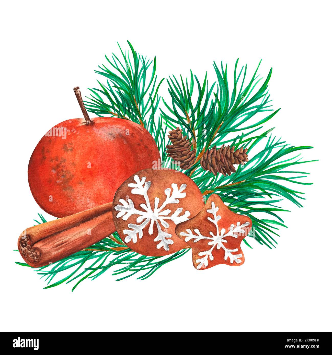 illustration aquarelle de pain d'épice, de mandarines, de bâtons de cannelle avec branche d'épinette verte. isolé sur fond blanc. Banque D'Images