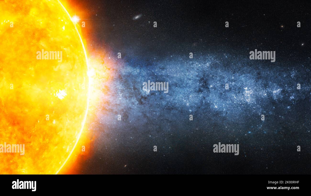 Soleil lumineux contre ciel étoilé foncé coupé par la voie lactée quelque part dans l'espace, éléments de cette image fournis par la NASA Banque D'Images
