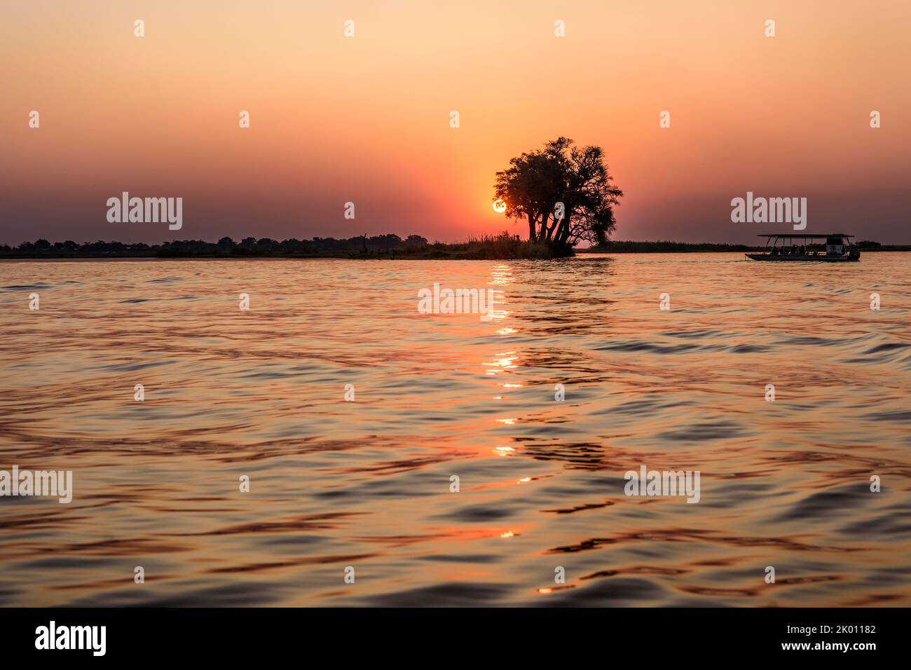 Excursion en bateau Sundowner au bord de la rivière Chobe entre la Namibie et le Botswana Banque D'Images
