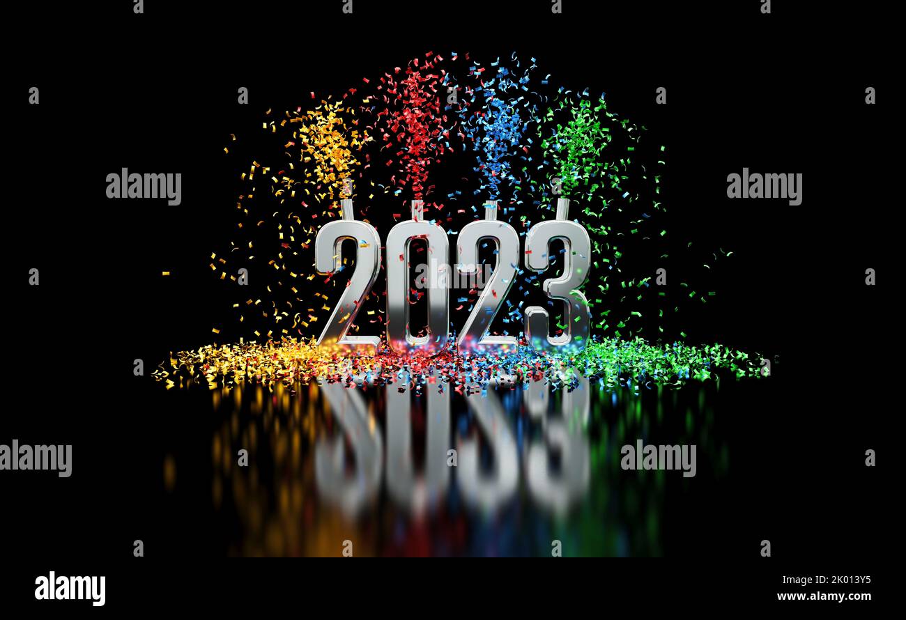 2023 célébration avec confetti - 3D rendu du texte sur fond noir Banque D'Images
