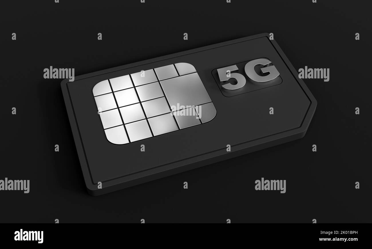 3D rendu de la carte SIM 5G isolée sur fond sombre. Banque D'Images
