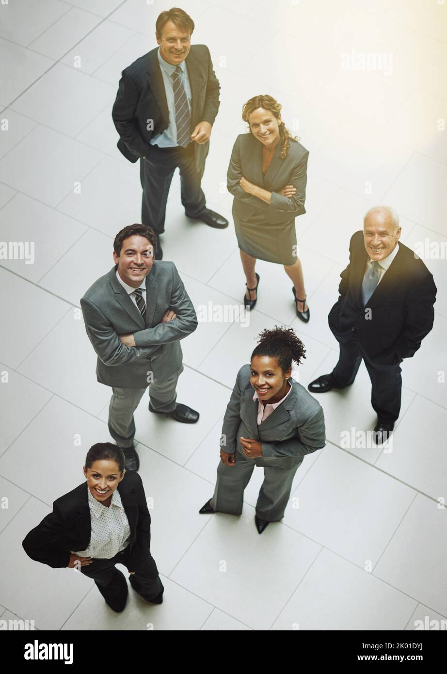 Nous avons vu nos sites s'établir sur de nouveaux sommets. Portrait en grand angle d'un groupe d'hommes d'affaires debout dans le hall du bureau. Banque D'Images