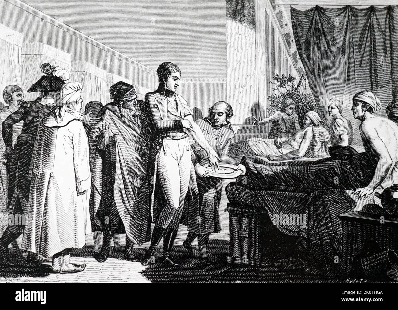 Nicolas René Dufriche, Baron Desgenettes (1762-1837) traitant malades et blessés en Égypte. Desgenettes a été médecin en chef de l'armée française en Italie vers 1794 et en Égypte en 1798, également à Waterloo. Est tombé de la faveur sur la restauration de Louis XVIII Médecin en chef des Invalides en 1832. Banque D'Images