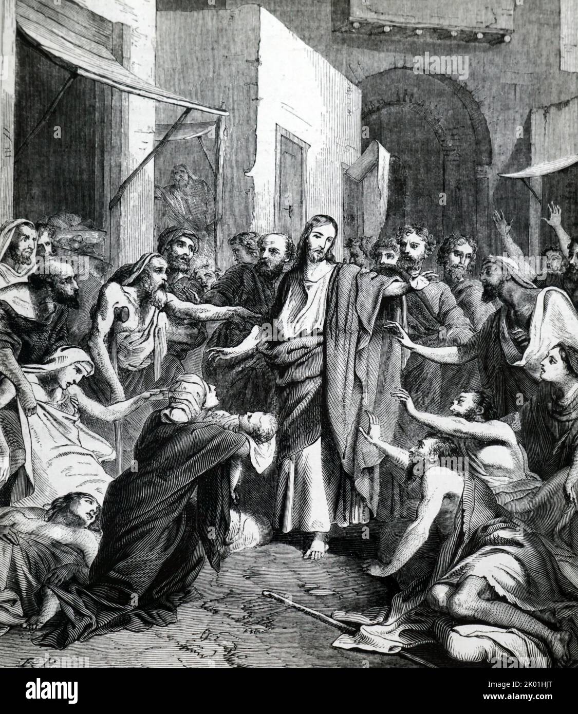 Christ guérissant les malades: 'Et autant que lui ont touché ont été rendus ensemble' (Mark VI 56). D'une Bible illustrée à la fin du 19th siècle. Banque D'Images