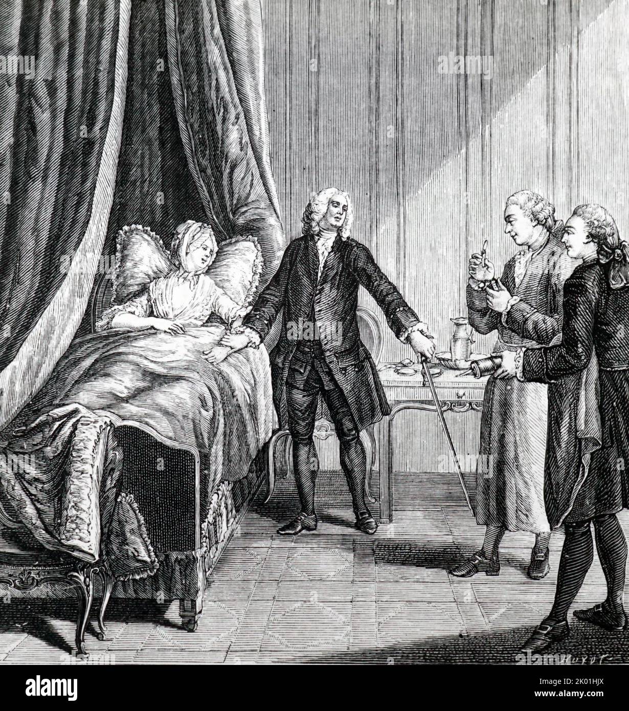 Un patient à la mode. Le médecin prend son pouls, tandis que le chirurgien s'approche avec un couteau prêt à la saigner, et l'apothécaire avec une seringue pour administrer un enema. Copie d'une gravure de costumes Francais, 18th siècle. Banque D'Images