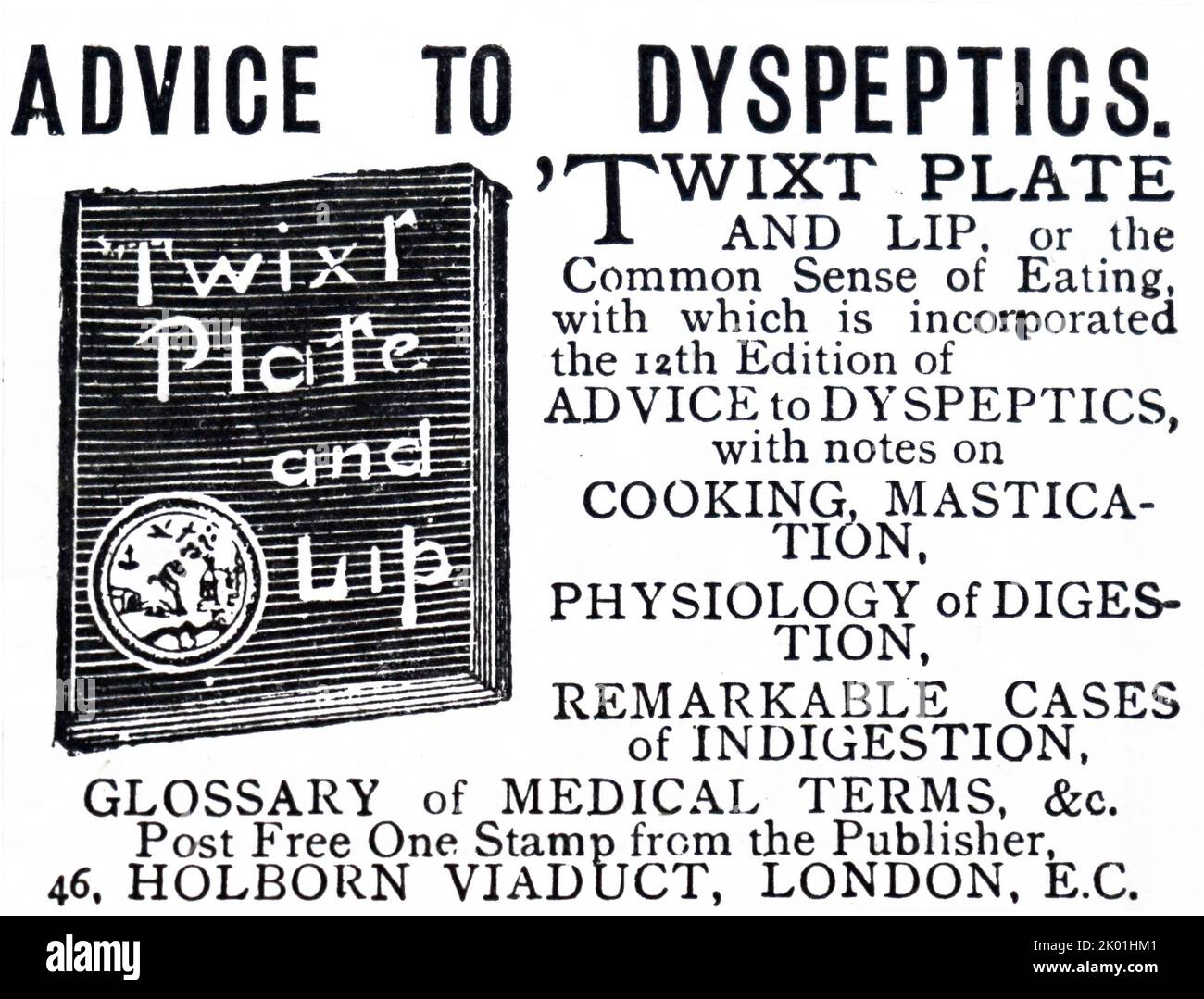 Publicité pour brochure offrant des conseils à la dyspepsie. De The Graphic, Londres, 31 août 1889. Banque D'Images