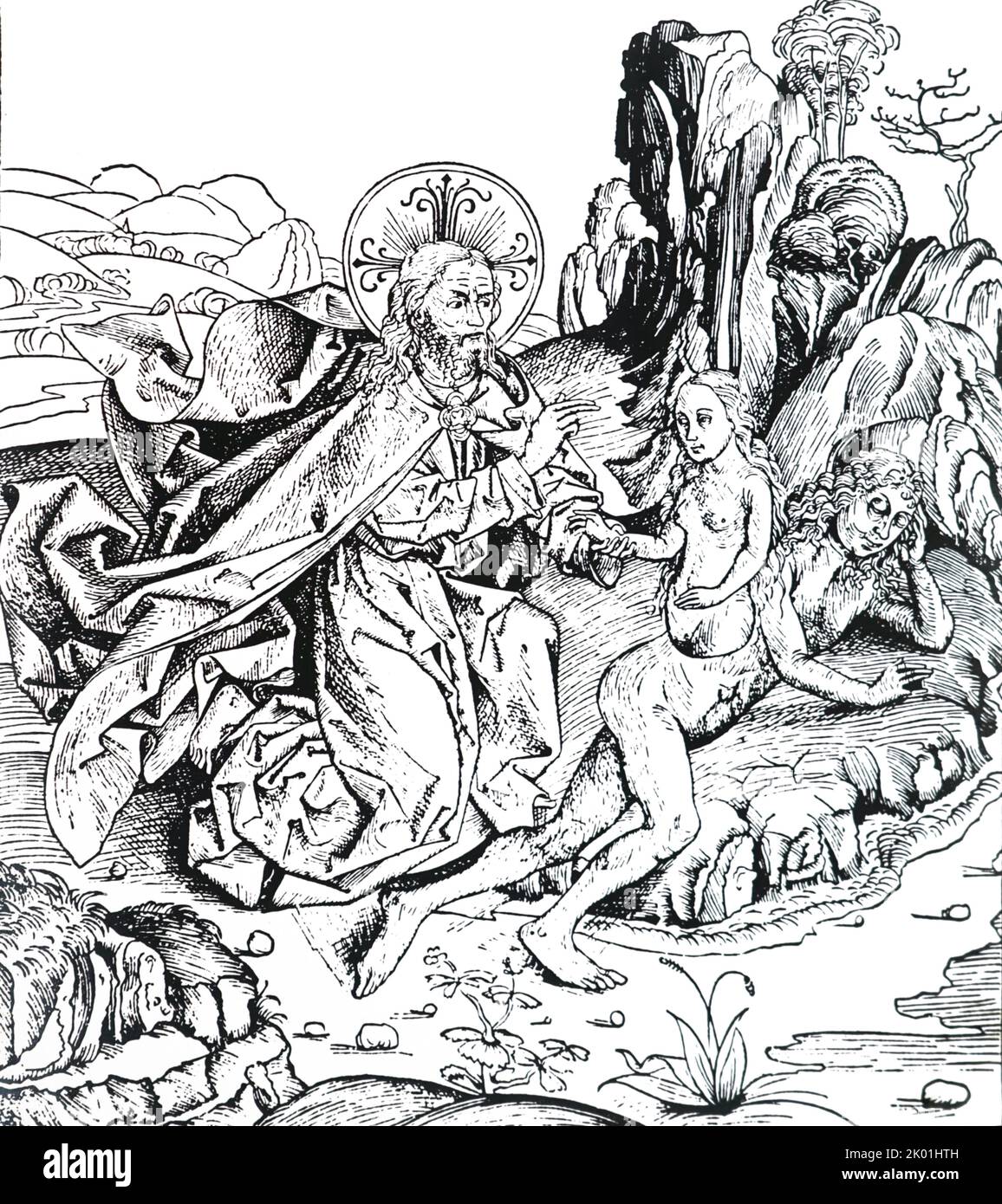 Ayant créé l'Univers, la Terre et toutes les créatures vivantes, y compris l'homme, Dieu a mis Adam dans un sommeil profond et a créé Eve à partir de la côte d'Adam. De Hartman Schedel Liber Chronicarum Mundi, Nuremberg Chronicle, Nuremberg, 1493. Banque D'Images