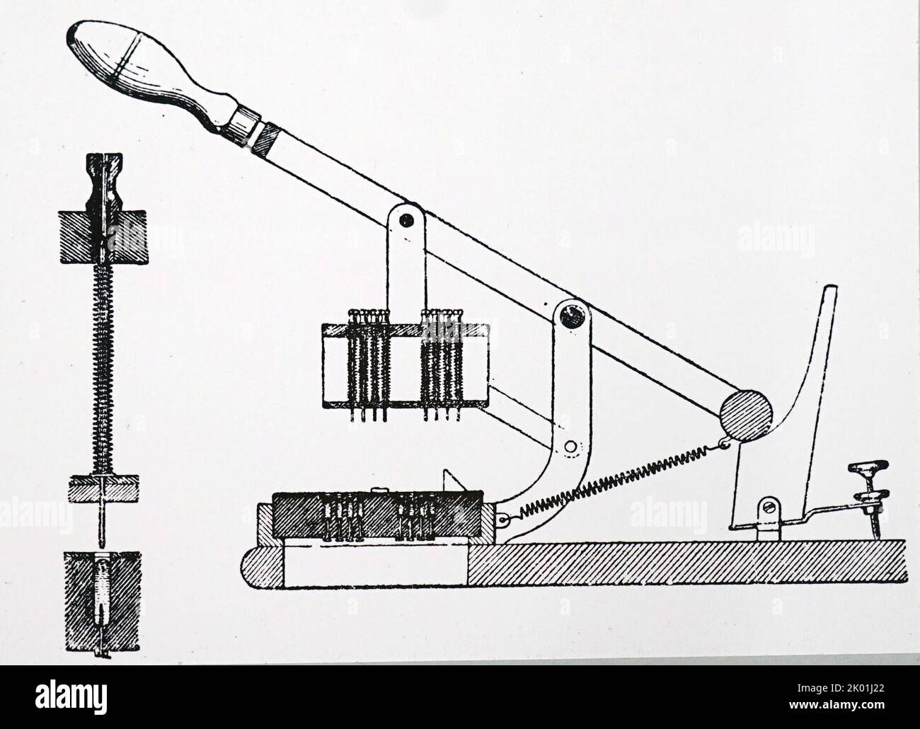 Machine de tabulation Hollerith. Schéma de la presse de fermeture du circuit. De Park Benjamin Modern Mechanism, Londres et New York, 1892. Banque D'Images