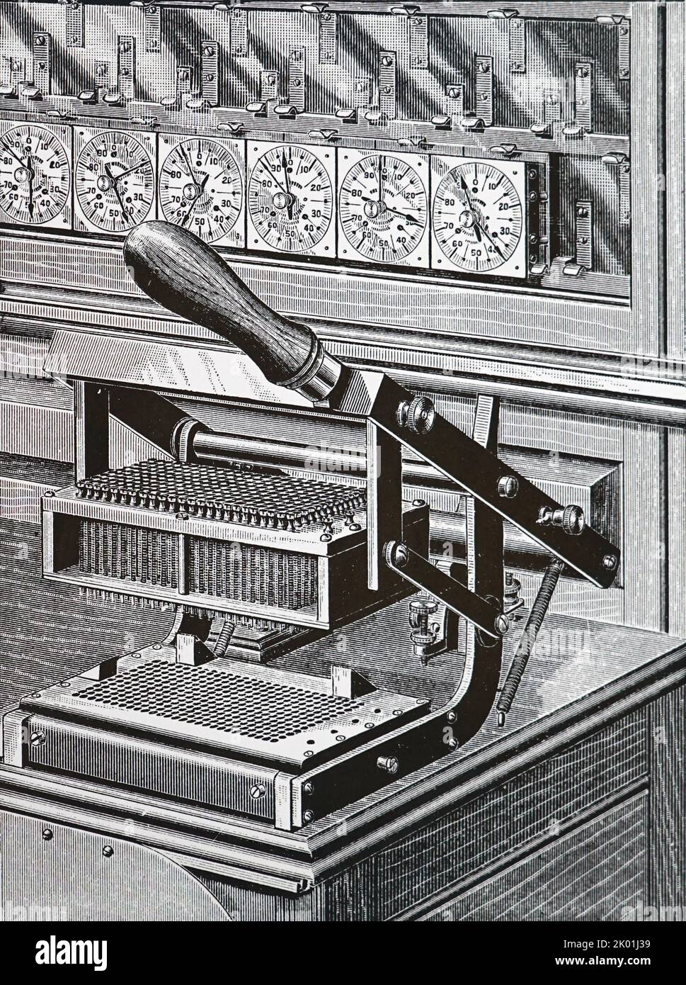 Tabulation Hollerith. Gros plan de la presse de fermeture du circuit. Cette machine a été utilisée pour la première fois dans le recensement américain de 1890. De Park Benjamin Modern Mechanism, Londres et New York, 1892. Banque D'Images