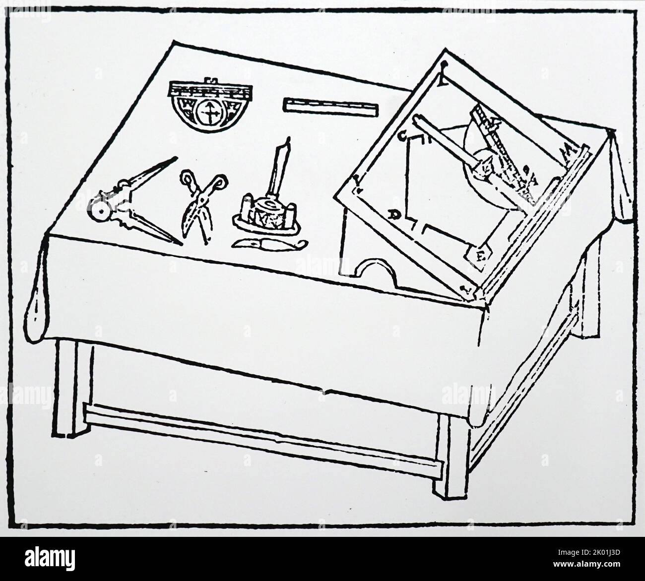 Tableau illustrant un T-carré gradué utilisé sur un diagramme. Sur la table se trouvent des compas et le planimètre de Hulsius qui incorporent un compas magnétique. De Levinus Hulsius Instrumentorum Mechanicorum, Frankfort-am-main, 1605. La reconnaissance doit être faite à la bibliothèque d'images Ann Ronan et à EP Goldschmidt & Co Ltd Banque D'Images