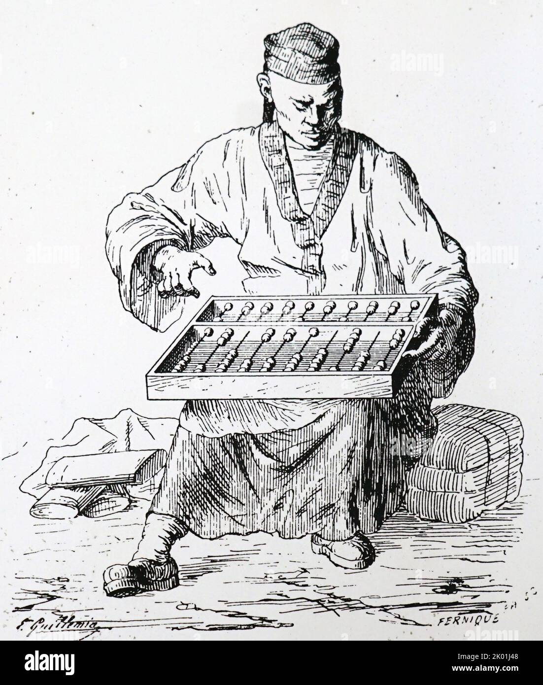 Homme chinois utilisant un abacus. De la nature, Paris, 1886. Banque D'Images