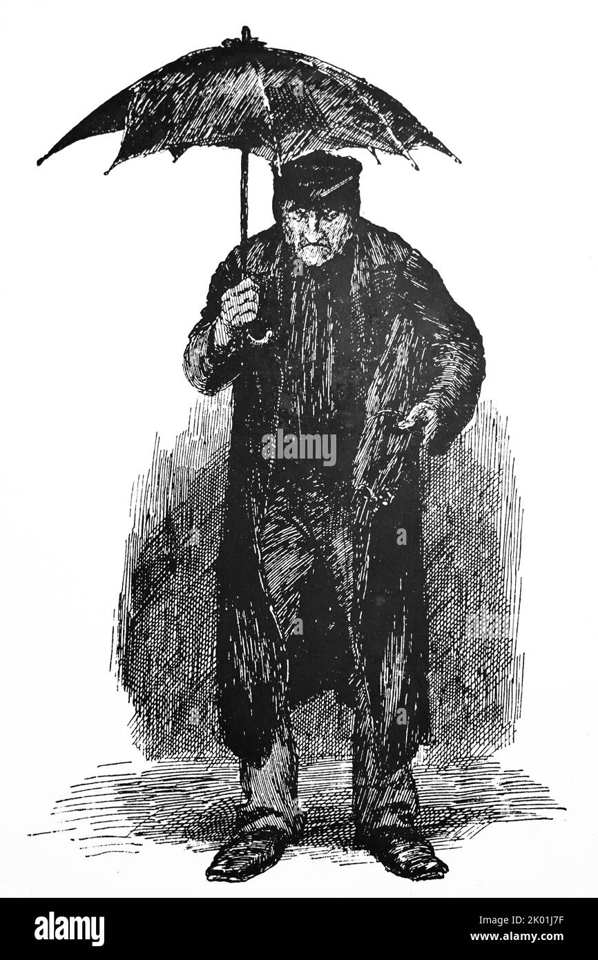 Vente de parapluies à 6d chacun - Londres. Illustration de Hugh Thomson pour le magazine anglais illustré, Londres, 1887. Banque D'Images