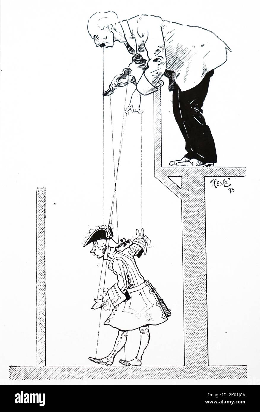 Maître de marionnette manipulant une marionnette. De la Science Illustree, Paris, 1893. Banque D'Images