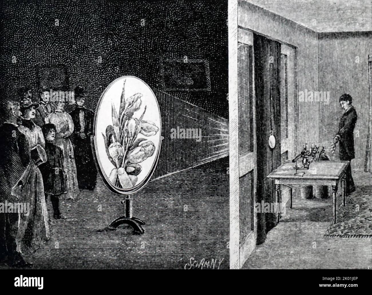 Utilisation d'un mégascope pour projeter des objets opaques (fleurs dans la main du démonstrateur). De la Science Illustree, Paris, 1891. Banque D'Images