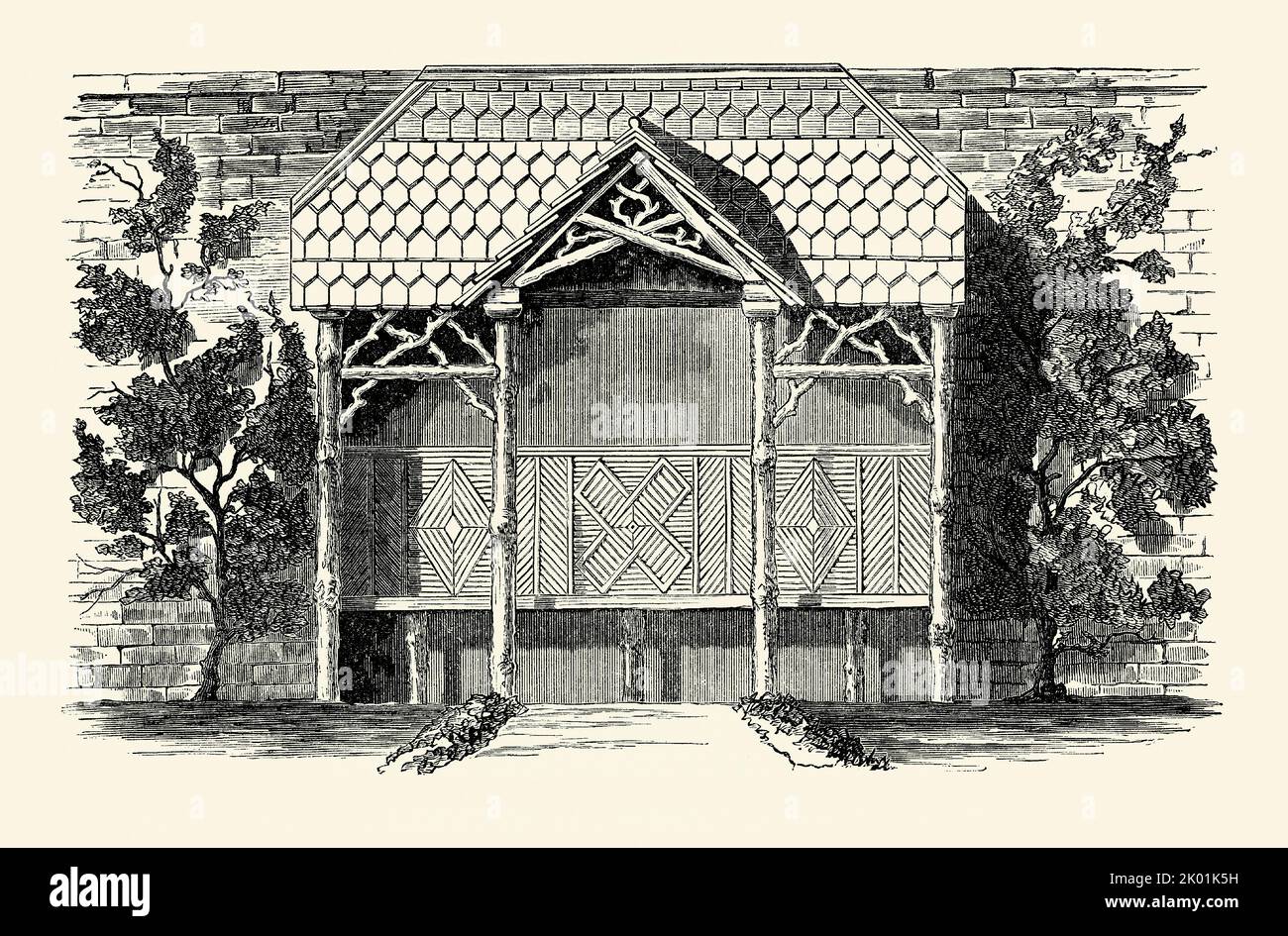 Une ancienne gravure victorienne d'un design pour une maison d'été rustique, en bois, jardin avec un toit en tuiles ou en galets. Il est d'un livre de 1890. L'abri est placé contre le mur du jardin et dispose également d'une banquette. Banque D'Images