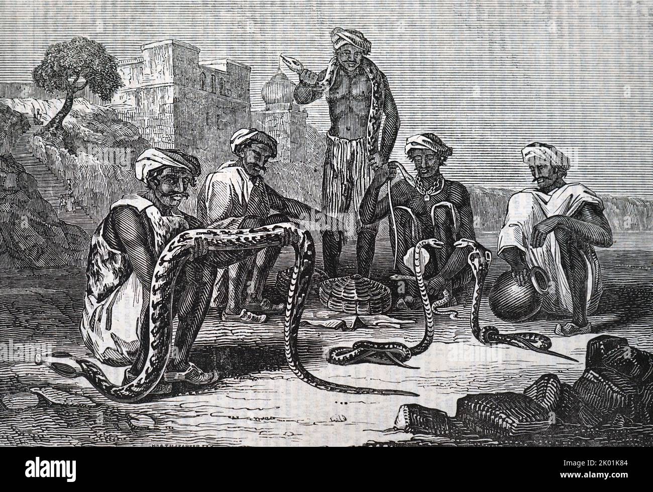 Charmeurs de serpents indiens, Londres, 1835. Banque D'Images