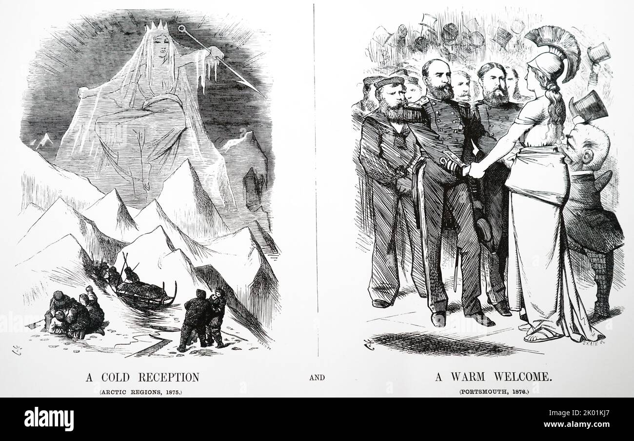 Britannia et M. Punch accueillent George Strong Nares et ses hommes à Portsmouth à leur retour de l'expédition du gouvernement dans l'Arctique de 1875-6 à Alert and Discovery, qui était dirigée par Nares. Londres, Punch, 1876. Banque D'Images