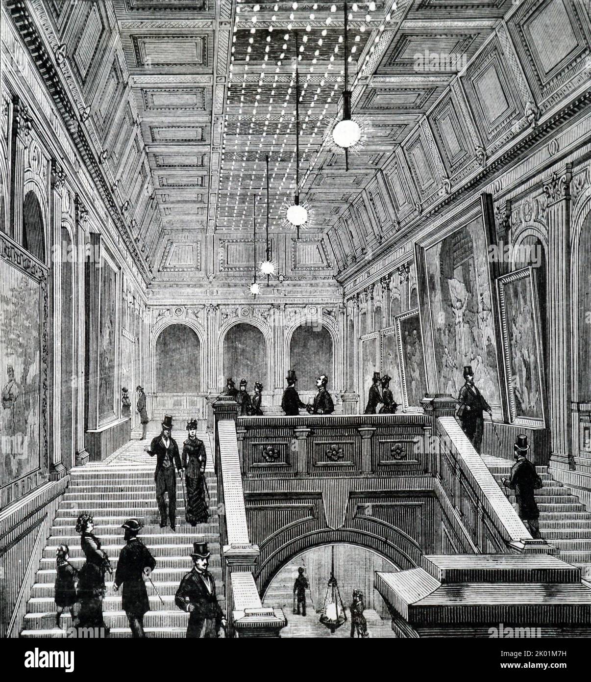 Salon international de l'électricité, Paris, 1881. L'escalier est éclairé par des lampes à incandescence Edison et Swan. Banque D'Images