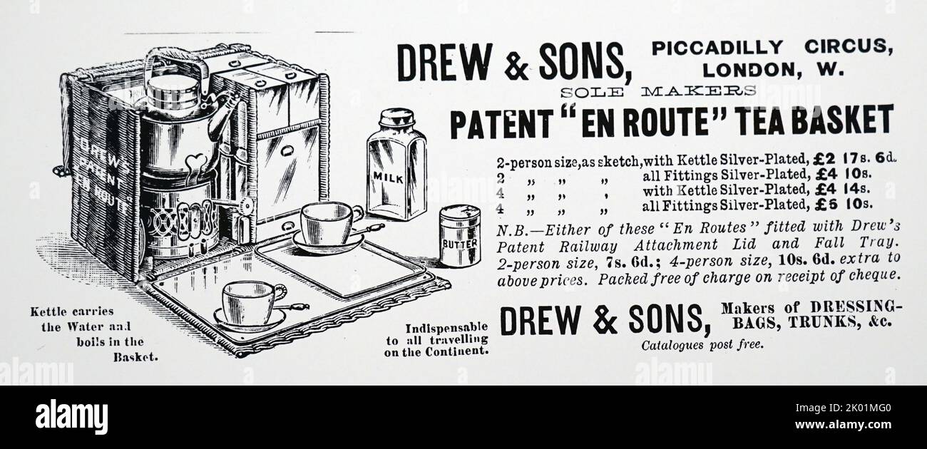 Publicité pour le panier à thé et la bouilloire, Londres, 1895. Banque D'Images
