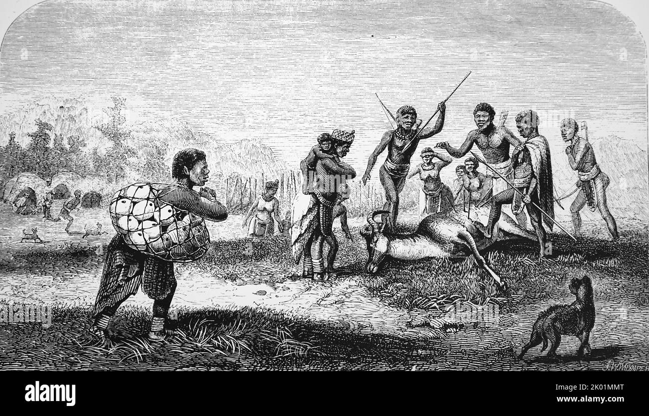 Hottentot femmes revenant à leur village avec de l'eau tandis que les hommes se tiennent sur un hartebeest mort. Londres, 1857. Banque D'Images