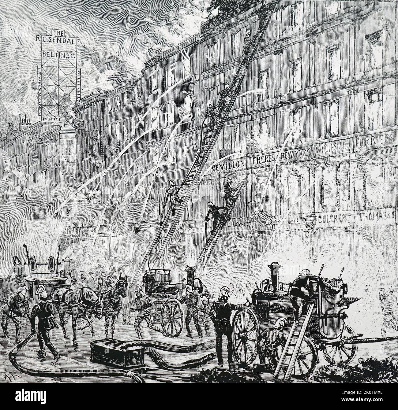 Pompiers combattant un incendie dans la rue Victoria, Londres, 1890. La Metropolitan Fire Brigade, sous la direction du capitaine Shaw, utilisait 23 moteurs à vapeur. Banque D'Images