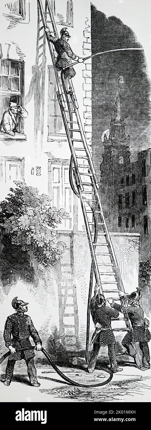 Des pompiers de Londres se sont battus contre un incendie qui a éclaté à Belvidere Road, Lambeth, en 1850. Banque D'Images