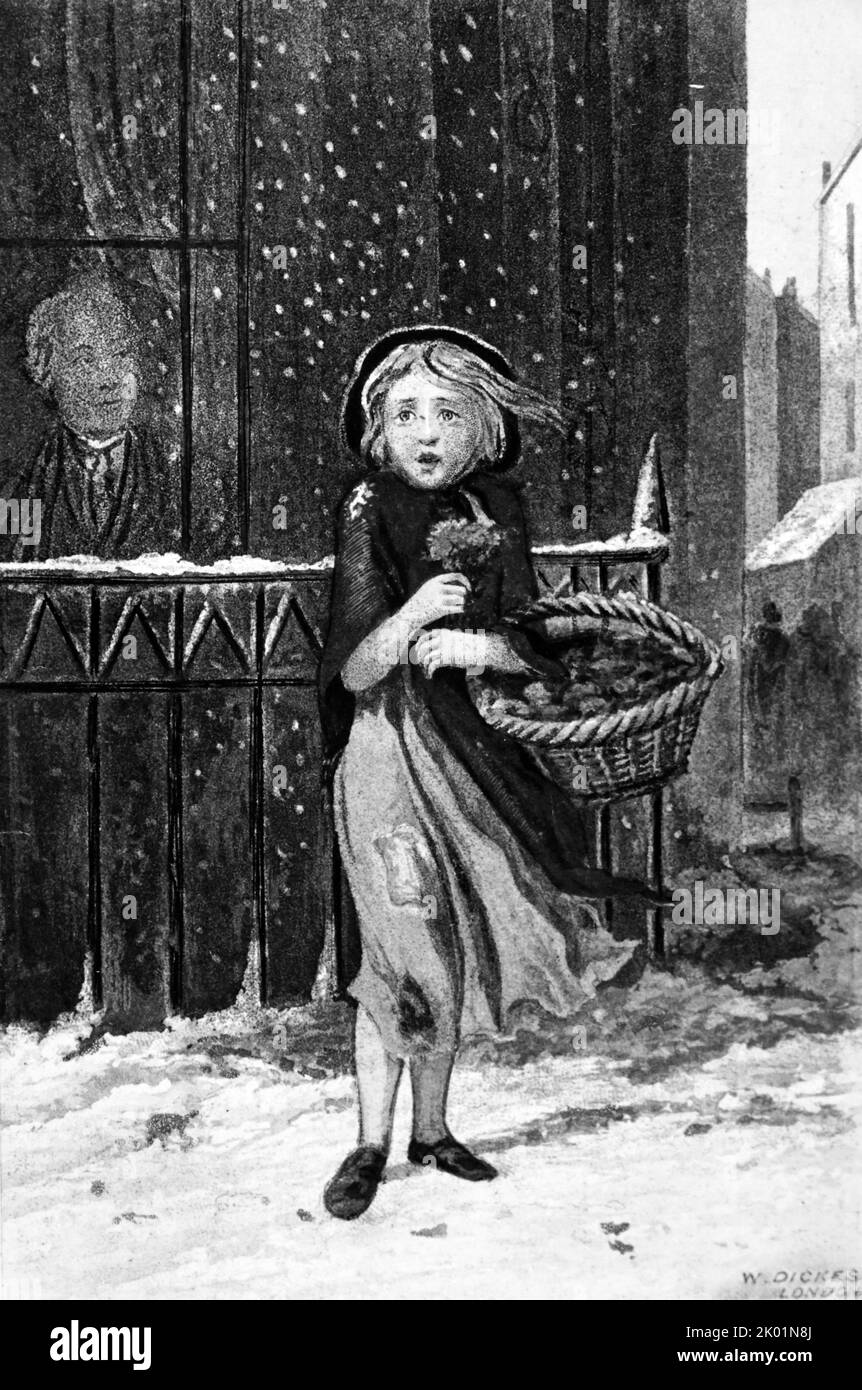 Fille vendant cresson en hiver. Banque D'Images