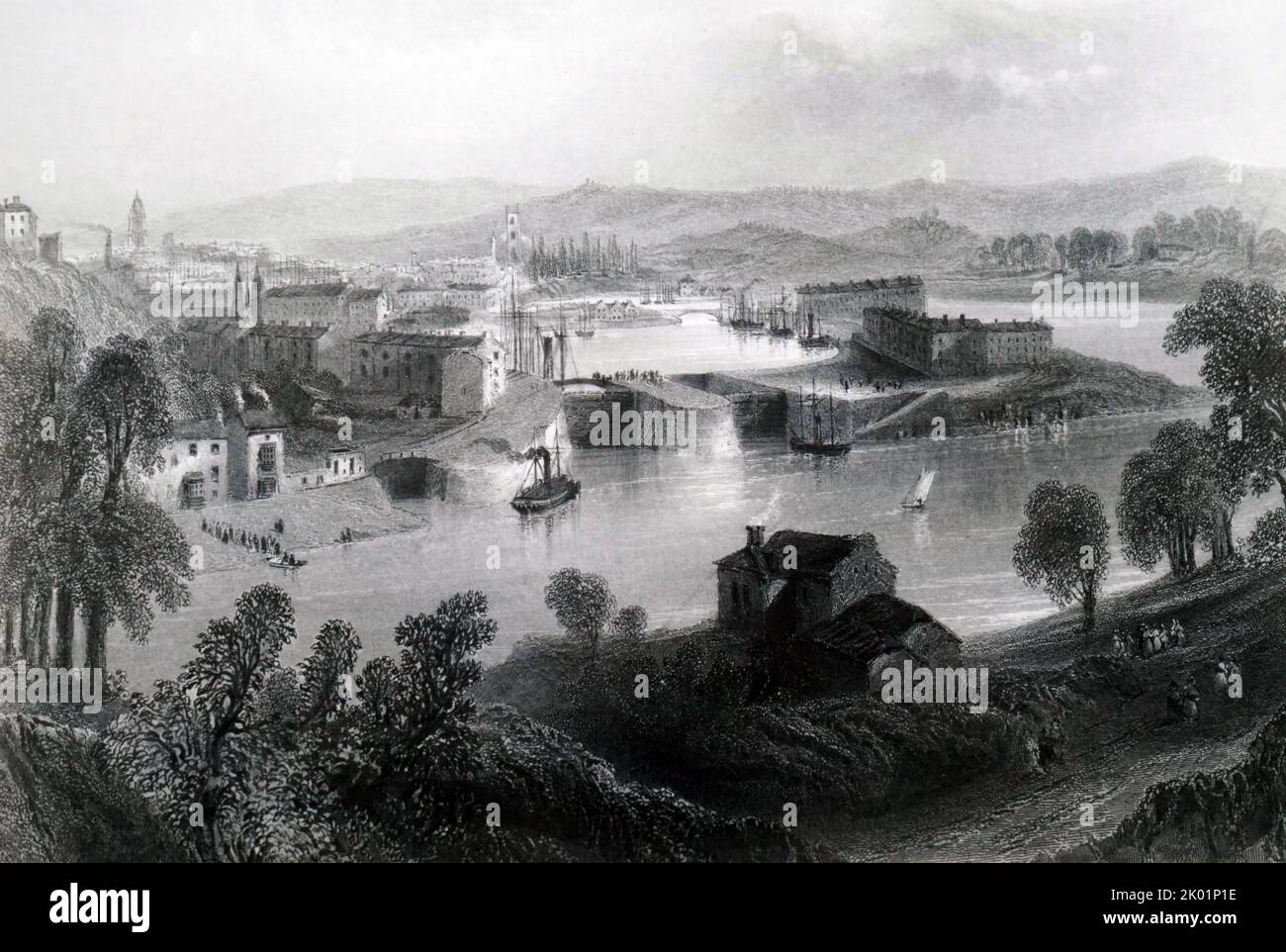 Bristol, de Rownham Ferry, montrant un bateau à vapeur approchant de l'écluse dans les quais. Banque D'Images