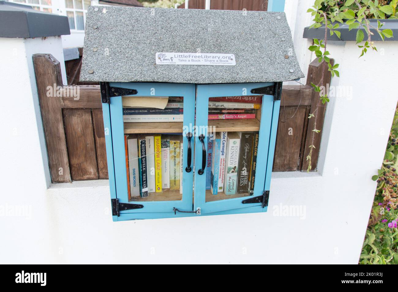 Little Free Library une caisse de livre organisaiton de charité près d'un parc Banque D'Images