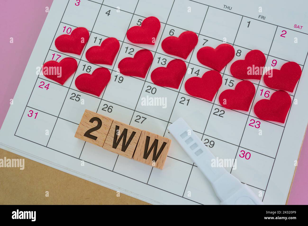 2WW mots sur bloc de bois avec coeur rouge sur le calendrier. Survivre les deux semaines attendez quand vous essayez de concevoir. Banque D'Images