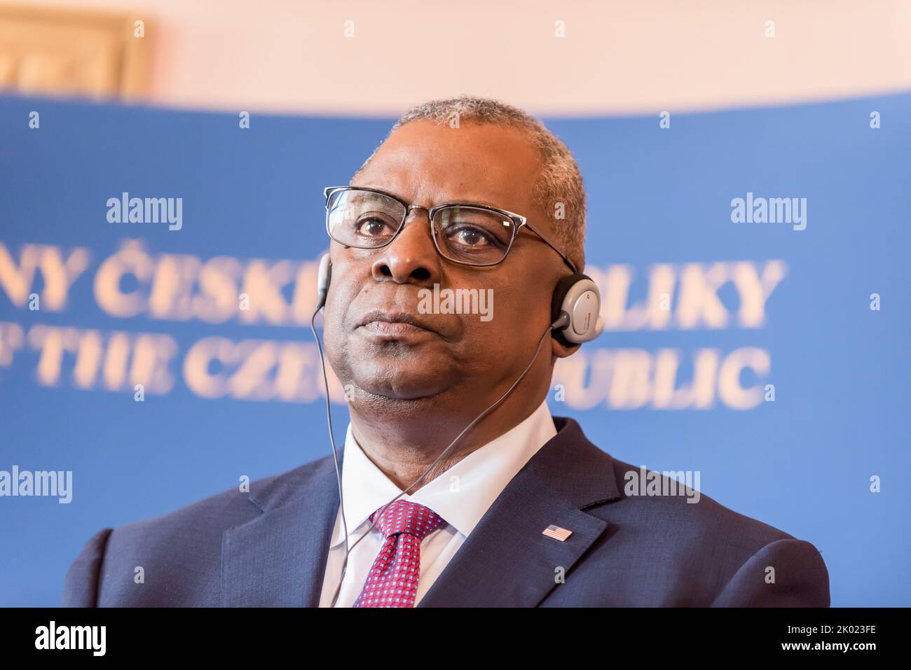 Prague, République tchèque - 09 septembre 2022, le secrétaire à la Défense des États-Unis, Lloyd Austin, a été vu lors d'une conférence de presse conjointe. Le secrétaire américain à la Défense se rend en République tchèque, où il rencontre le ministre tchèque de la Défense. (Photo de Tomas Tkachik / SOPA Images / Sipa USA) Banque D'Images