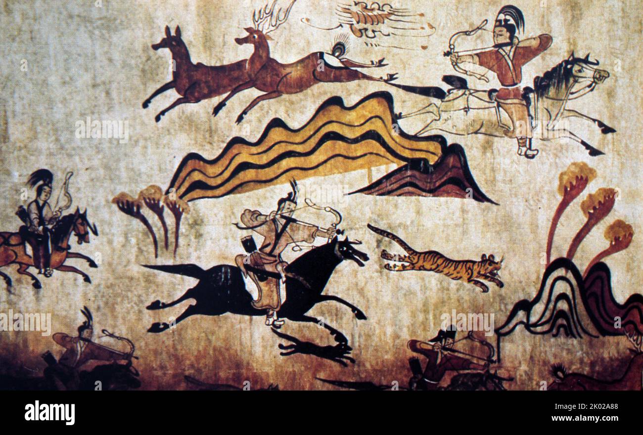 Fresque « The Hunt ». Tombe de la période Goguryeo (4th siècle). Corée Banque D'Images