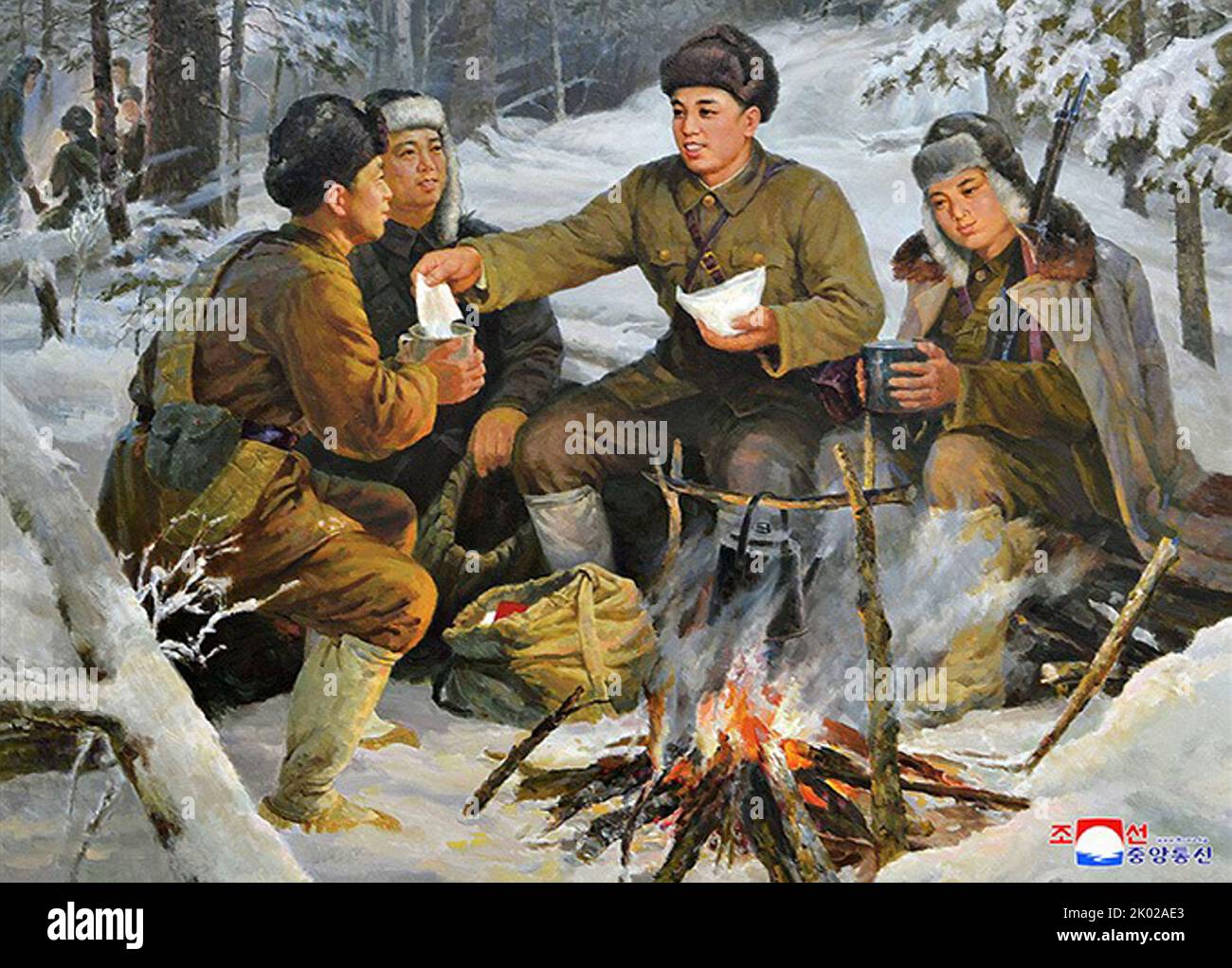 Kim il Sung avec des soldats pendant la guerre contre le Japon vers 1944. Peinture de style propagande. Banque D'Images
