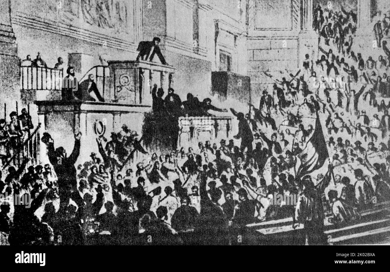 Personnes dans le hall de l'Assemblée législative à Paris, sur 4 septembre 1870. Sur 4 septembre, les ouvriers de Paris, dirigés par les Blanquistes, éclatent dans le Palais Bourbon et forcent le corps Legislatif à déposer Napoléon III et ainsi mettre fin à la dynastie Bonaparte. Banque D'Images