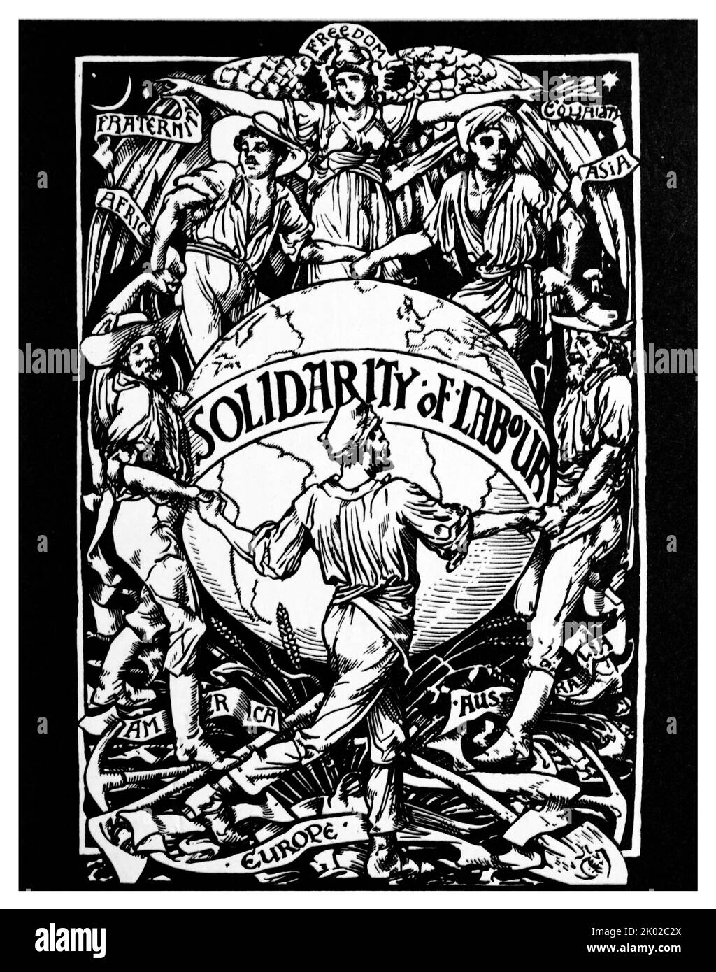 Solidarité du travail, destinée à la célébration de 1 mai (1 mai), 1889. L'image représente les travailleurs de cinq continents habités (Afrique, Asie, Amérique, Australie et Europe) dans l'unité sous un ange représentant la liberté, la fraternité et l'égalité. Date: 1889 conçu par Walter Crane (1845 - 1914 Lavrov. Banque D'Images